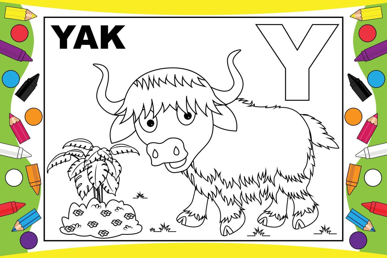 cartone animato da colorare di yak con alfabeto per bambini vettore