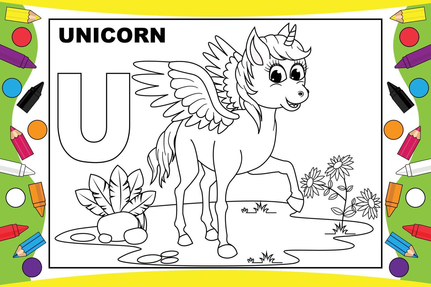 cartone animato unicorno da colorare con alfabeto per bambini vettore