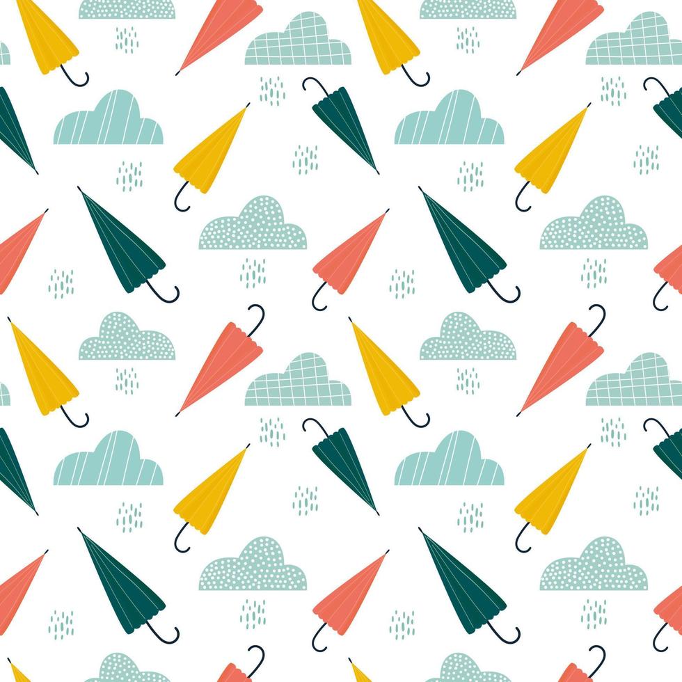 modello pioggia ombrello. sfondo senza soluzione di continuità con accessori carini e gocce di pioggia. nuvole stilizzate. stampa per bambini. illustrazione vettoriale, disegnato a mano vettore