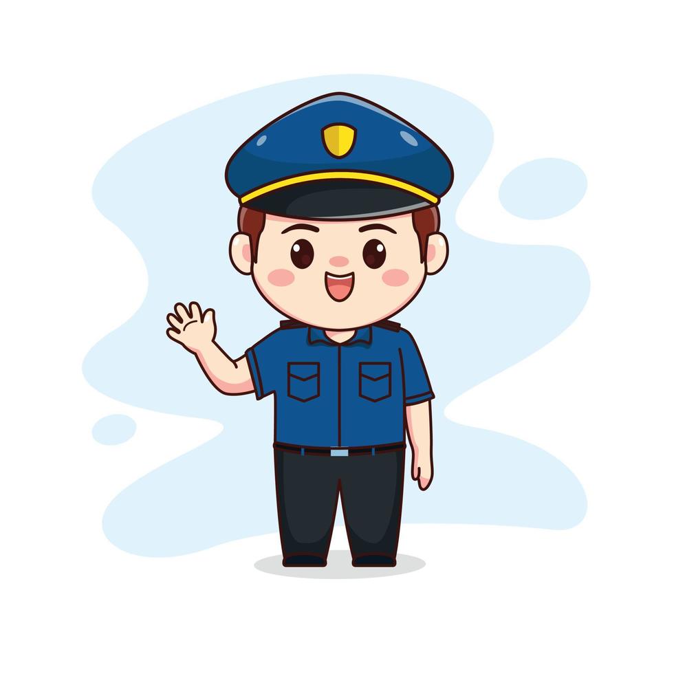 illustrazione di felice simpatico poliziotto agitando la mano kawaii chibi personaggio dei cartoni animati design vettore