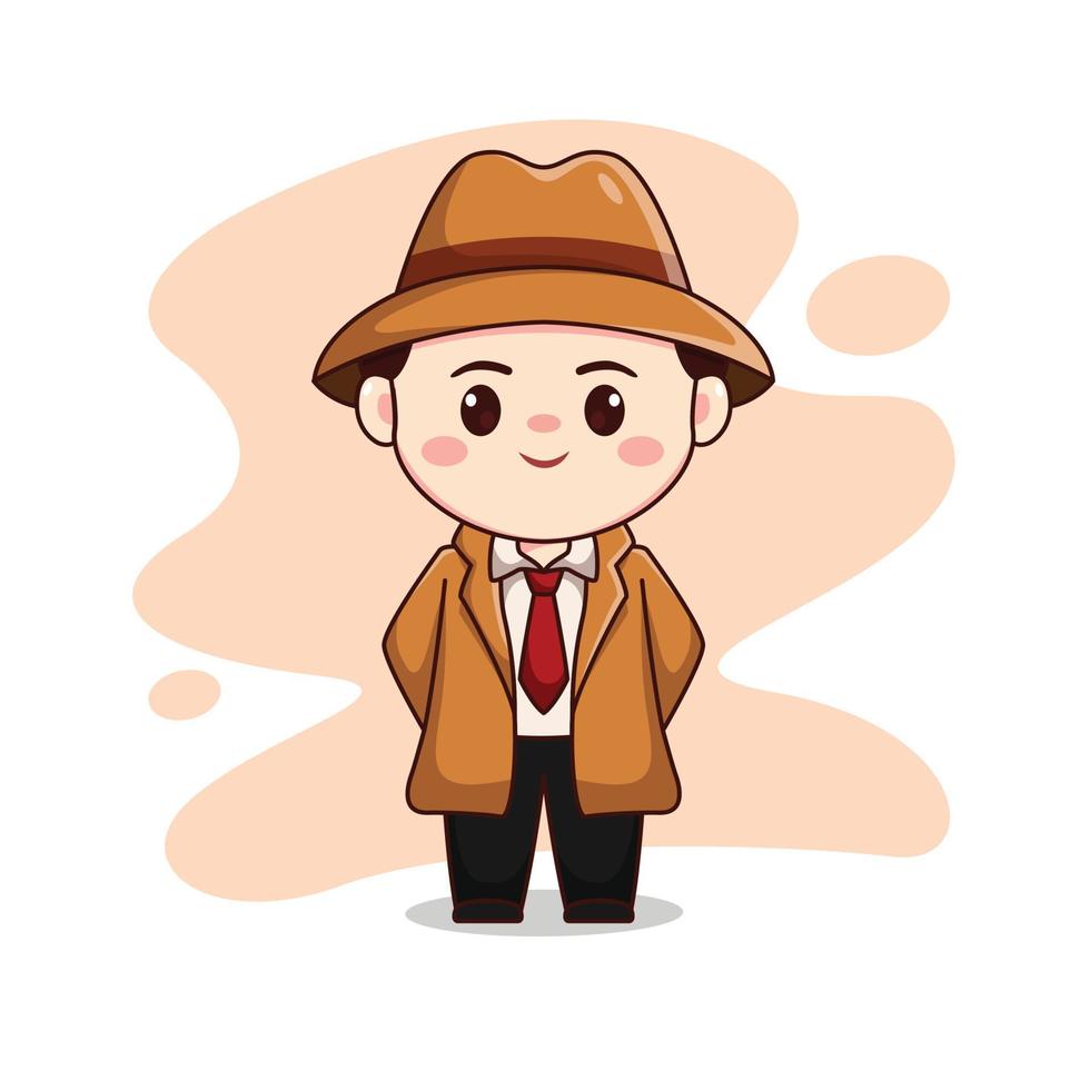 illustrazione di carino detective o uomo che indossa un vestito marrone chibi carattere vettore