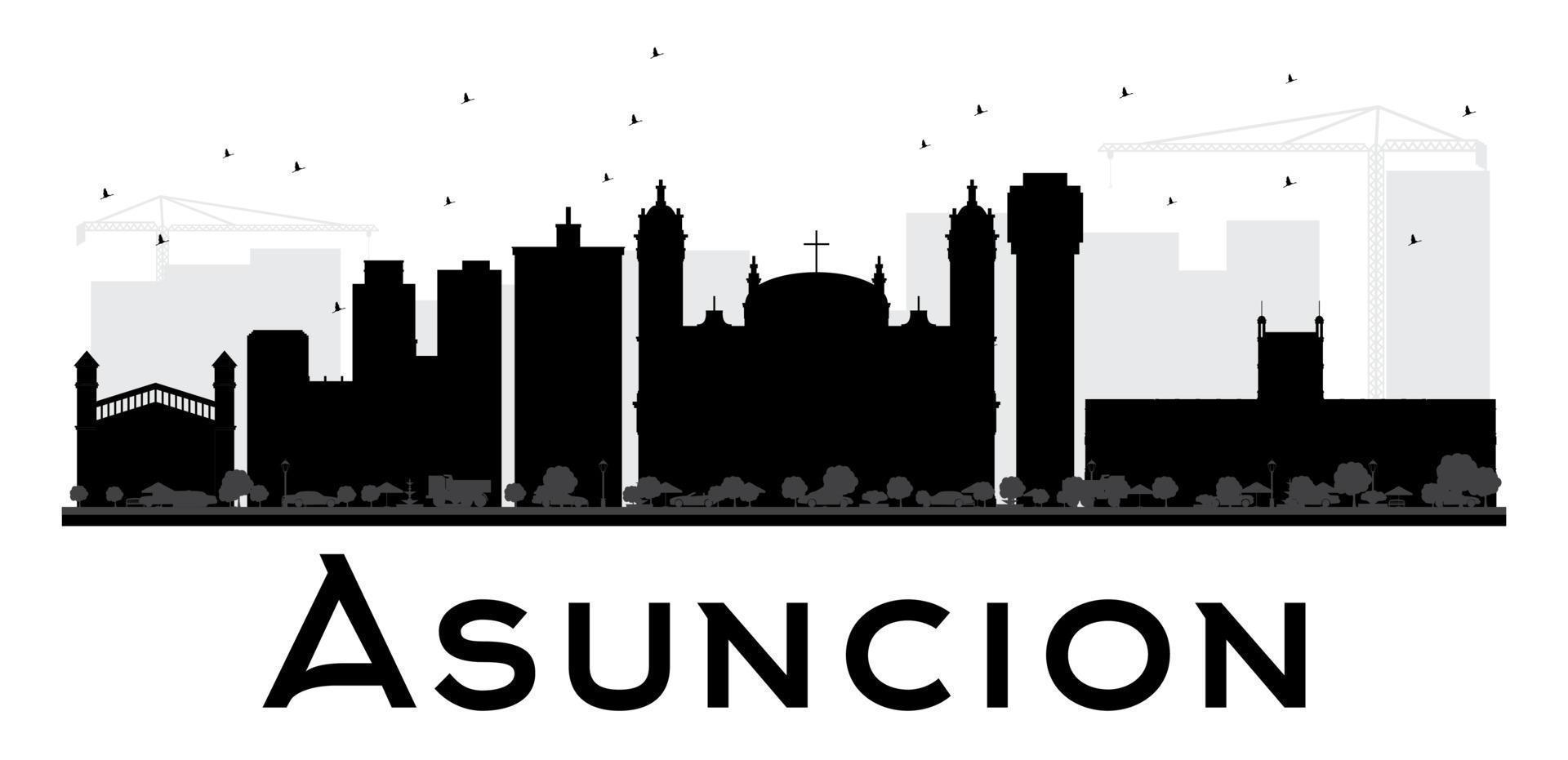 silhouette in bianco e nero dell'orizzonte della città di asuncion. vettore