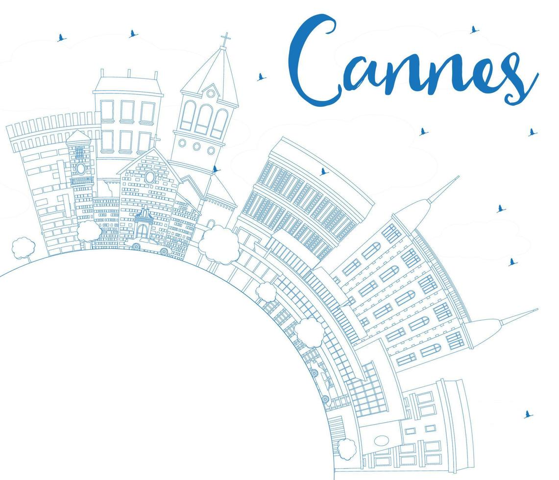 delinea lo skyline di cannes con edifici blu e copia spazio. vettore