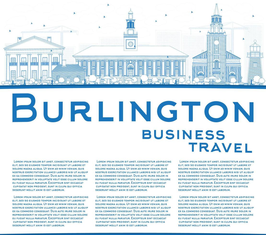 delineare lo skyline di Burlington Vermont con edifici blu e spazio di copia. vettore