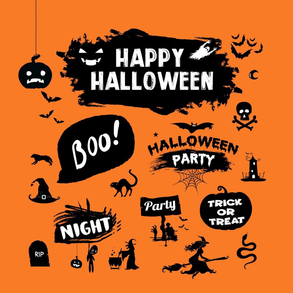 sagome di halloween icone e personaggi neri t-shirt divertente trumpkin zucca di halloween boo strega fantasma teschio pipistrello scheletro illustrazione vettoriale. vettore