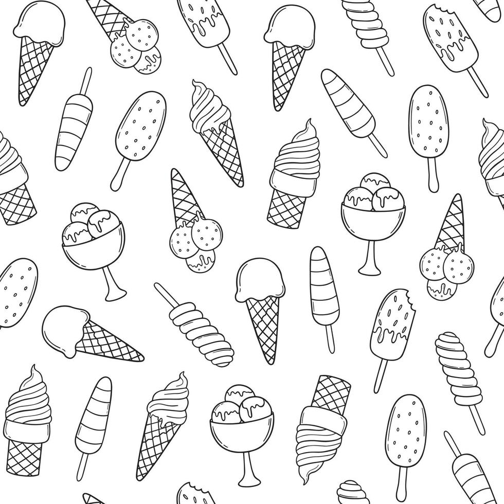 modello senza cuciture disegnato a mano di gelato doodle. dolci dolci. eschimese, cono di cialda in stile schizzo. illustrazione vettoriale per menu bar o ristorante, biglietto d'auguri