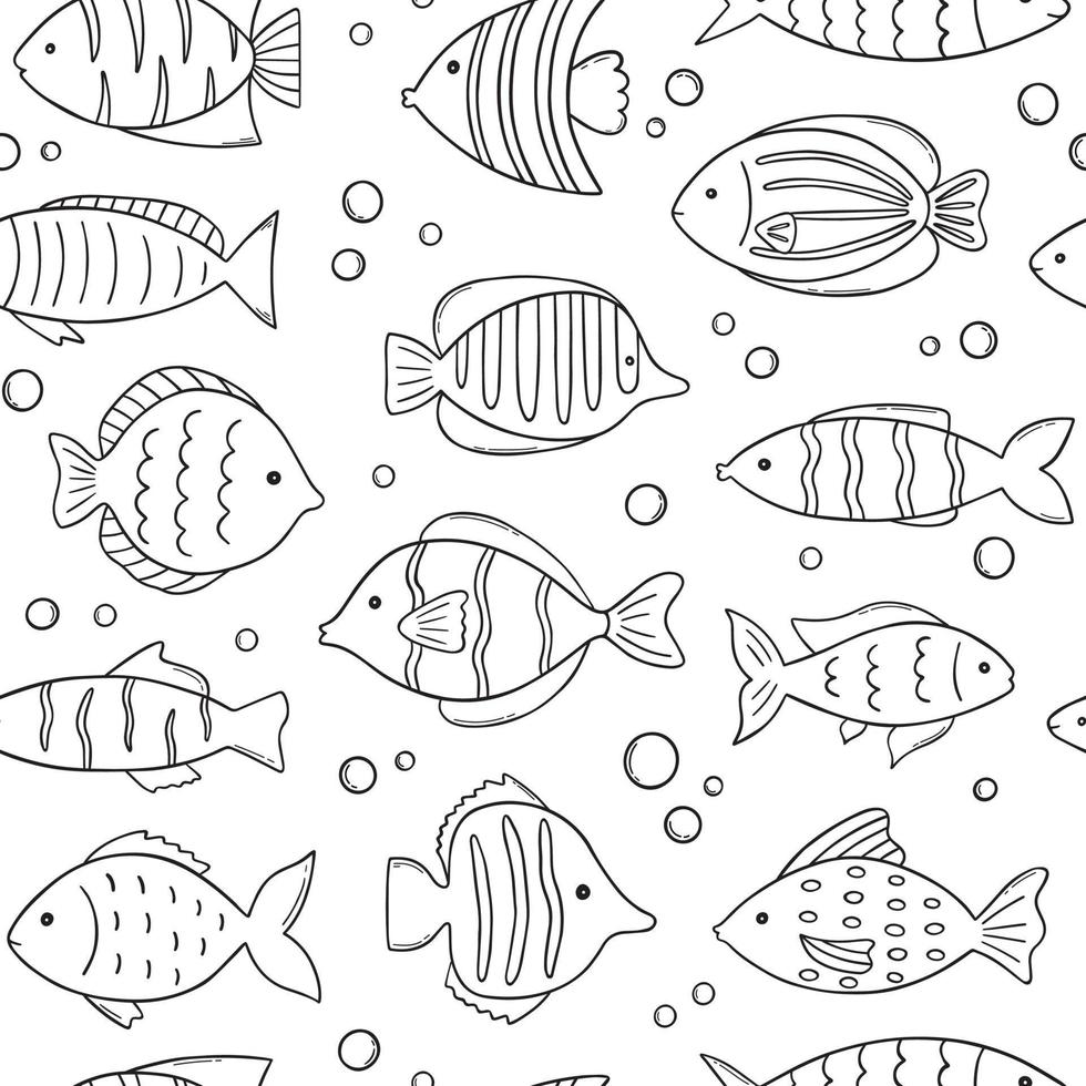 modello senza cuciture disegnato a mano di carino pesce di mare doodle. mondo sottomarino in stile schizzo. illustrazione vettoriale. vettore