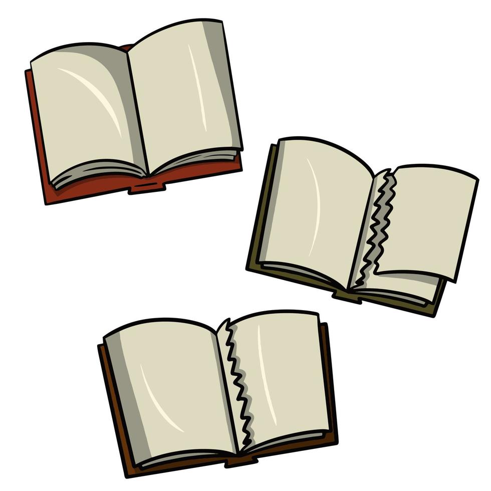una serie di libri antichi, libri aperti, un libro con una pagina strappata, un fumetto illustrazione vettoriale su sfondo bianco