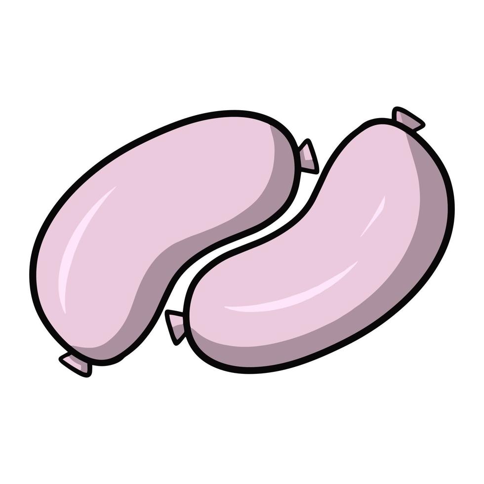 due salsicce spesse e lucide, carne succosa di deliziose salsicce rosa, illustrazione vettoriale in stile cartone animato su sfondo bianco