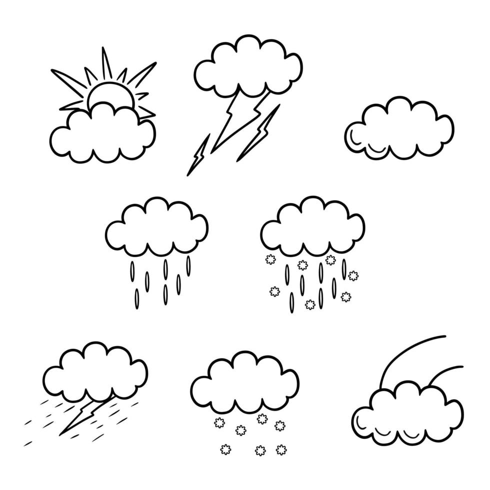 illustrazione monocromatica in bianco e nero, un insieme di condizioni meteorologiche con nuvole, una nuvola con fulmini e un temporale, pioggia e neve stanno arrivando, libro da colorare, vettore