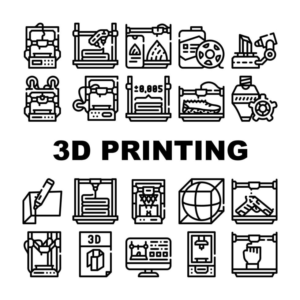 Le icone della raccolta dell'attrezzatura di stampa 3d impostano il vettore