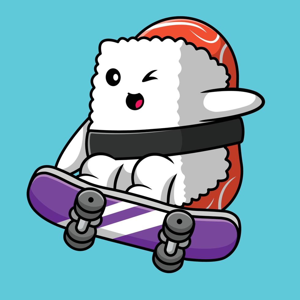 carino sushi che gioca skateboard cartone animato icona vettore illustrazione. cibo sport icona concetto isolato vettore premium.