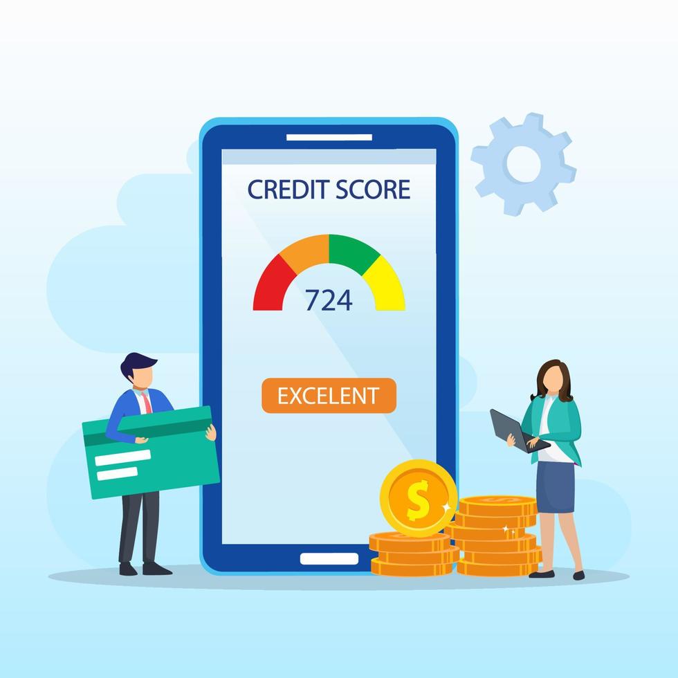 concetto di vettore del punteggio di credito, gli uomini d'affari controllano il punteggio di credito durante l'utilizzo di laptop e smartphone. vettore piatto