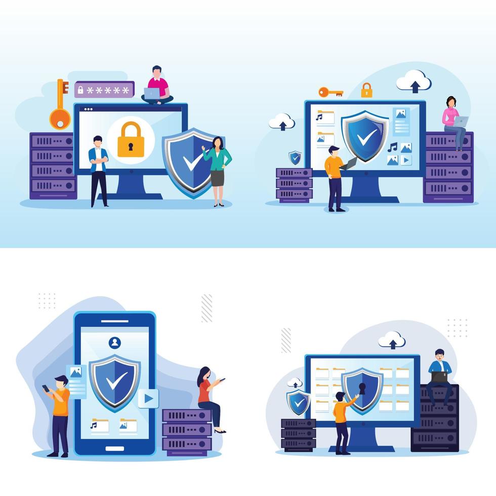 moderno concetto di design piatto di sicurezza informatica con caratteri che controllano l'accesso, proteggendo i dati e la riservatezza. modello vettoriale piatto