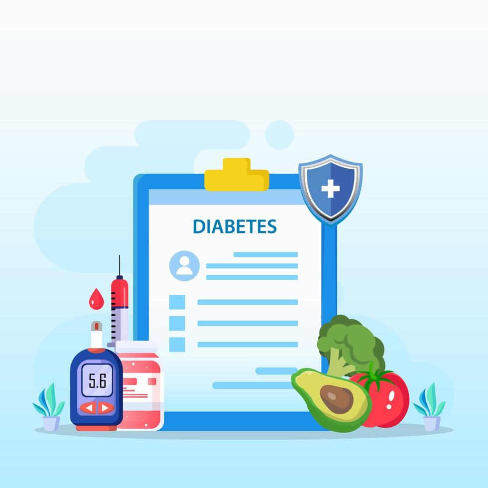 concetto di diabete di medicina. il medico verifica il livello di glucosio nel sangue, prescrive le statine. illustrazione vettoriale piatta.