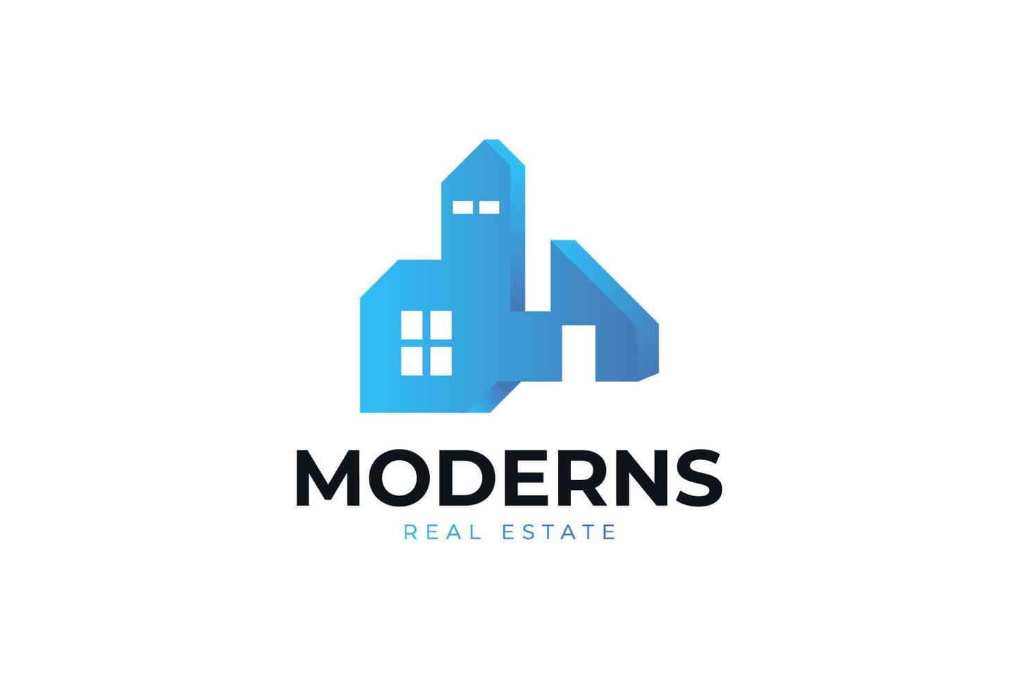 design moderno e futuristico del logo immobiliare. logo astratto edificio blu. identità del marchio nel settore dell'architettura o dell'edilizia vettore