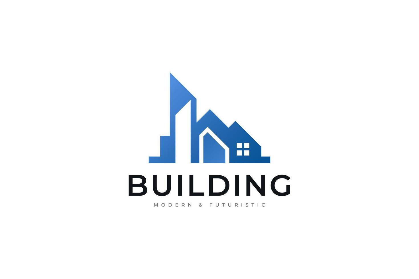 design del logo dell'edificio blu moderno e futuristico per l'identità del settore immobiliare. logo astratto della casa. design del logo immobiliare vettore