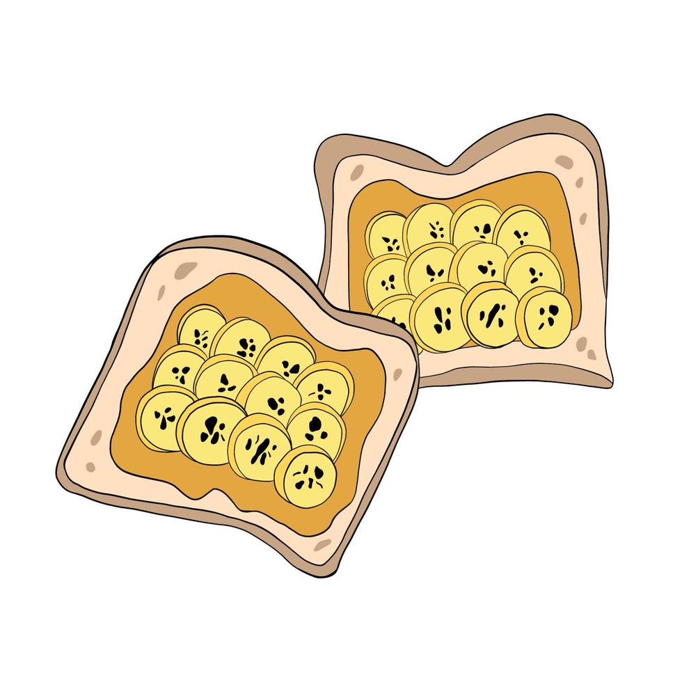 Toast al burro di arachidi e banana. illustrazione di cibo sano. ora di colazione vettore