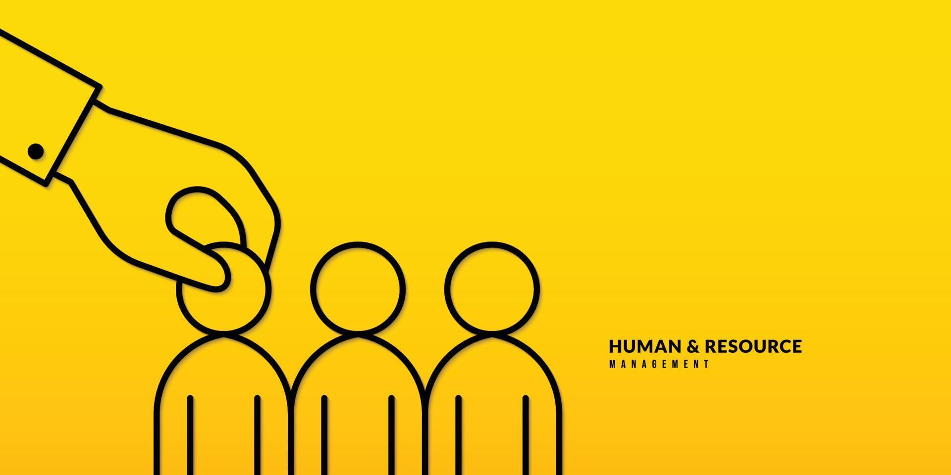 mano che tiene le persone su sfondo giallo. risorse umane e concetto di gestione, assunzione di lavoro, caccia alle teste vettore