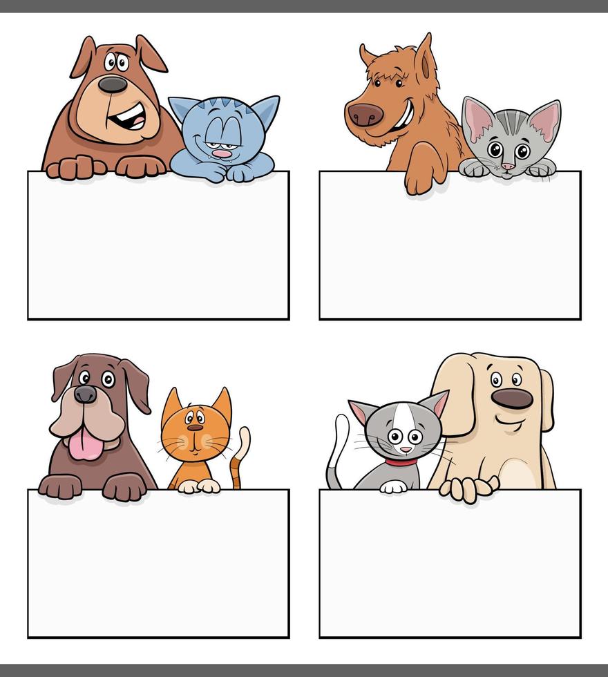 cani e gatti dei cartoni animati con set di progettazione grafica di carte bianche vettore