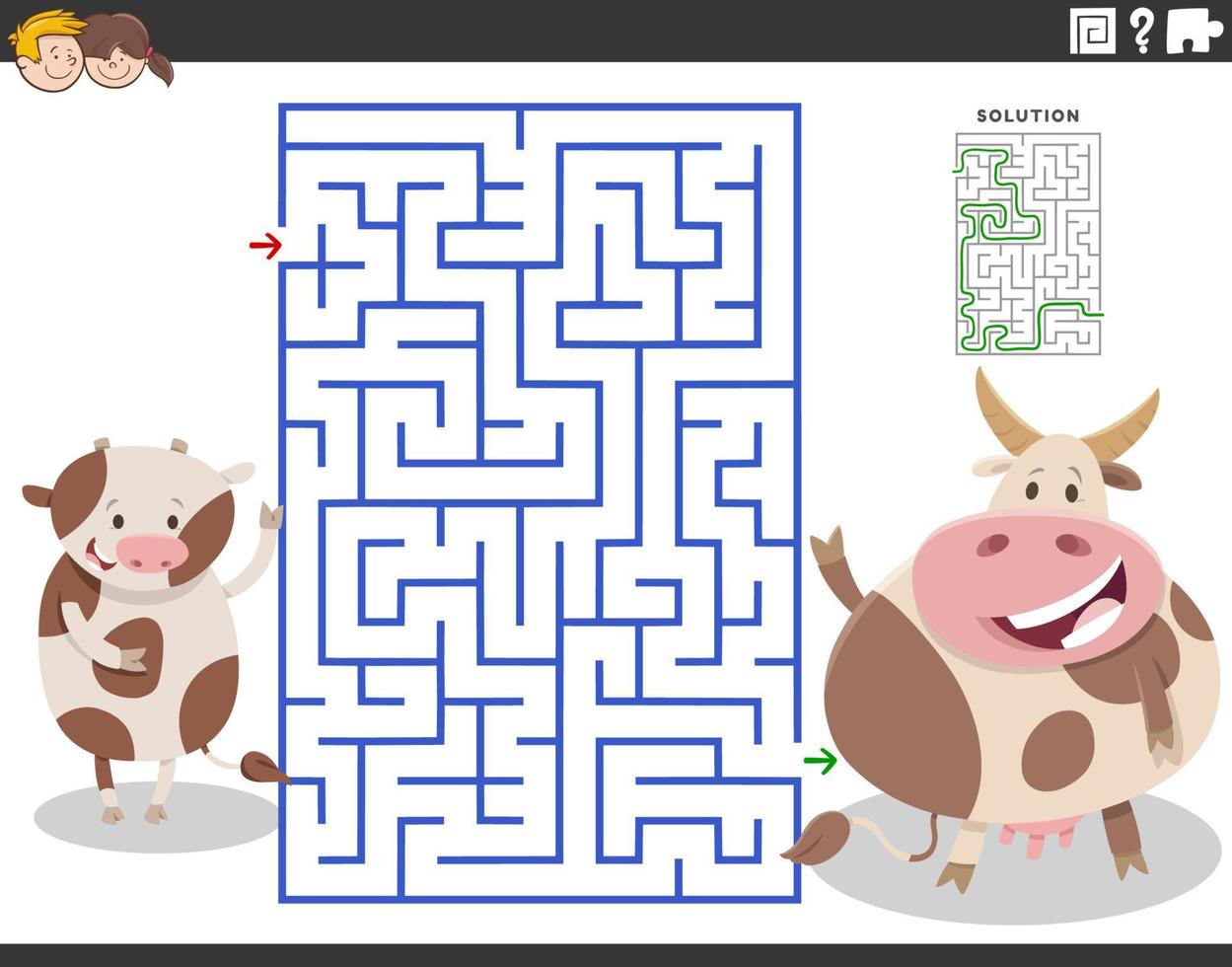 gioco del labirinto con mamma mucca e vitello dei cartoni animati vettore