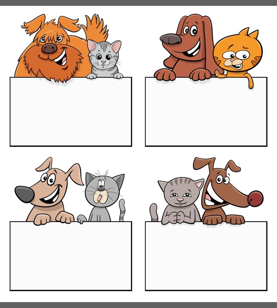 cani e gatti dei cartoni animati con set di design di carte bianche vettore