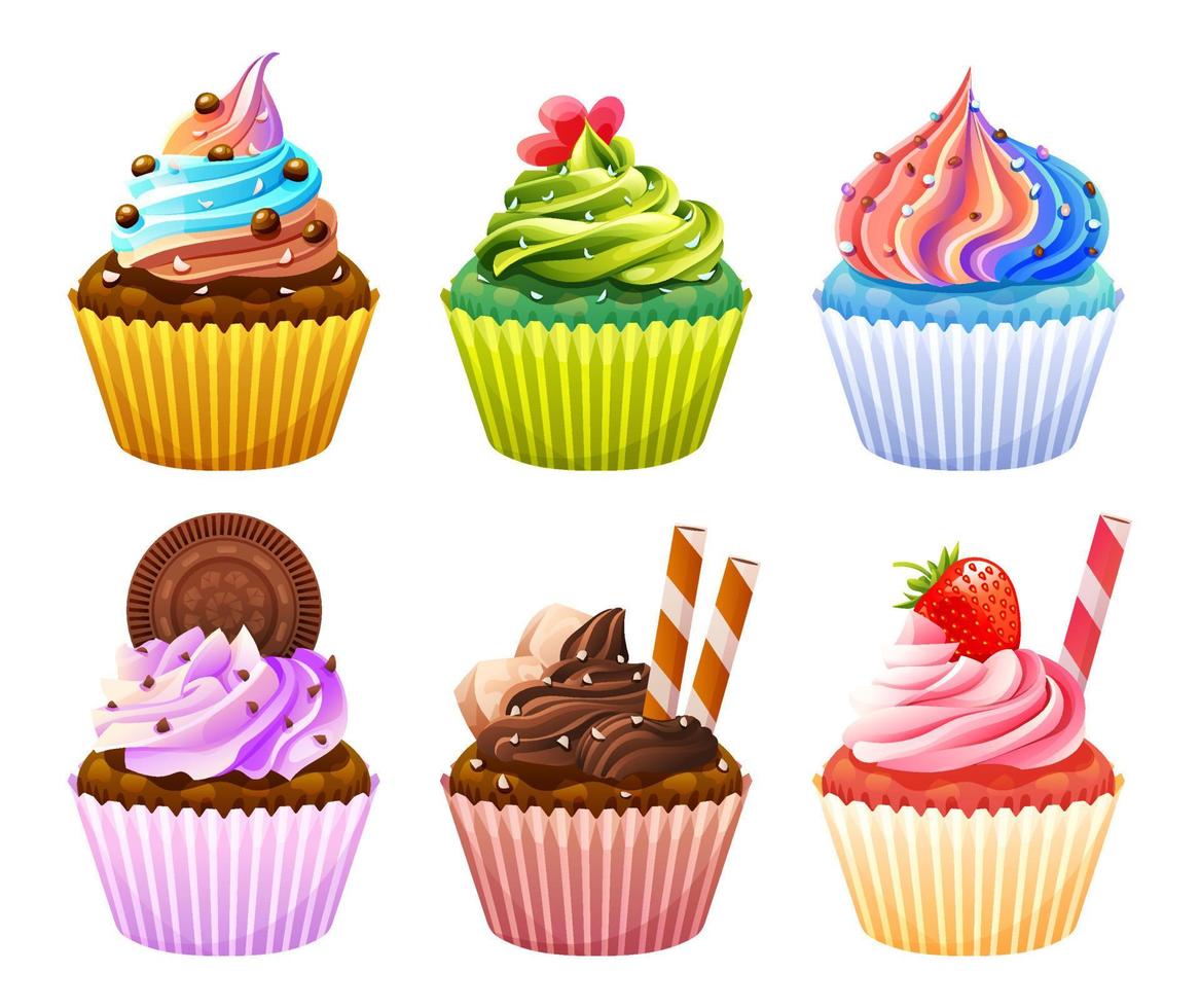 set di deliziosi cupcakes fumetto illustrazione vettore