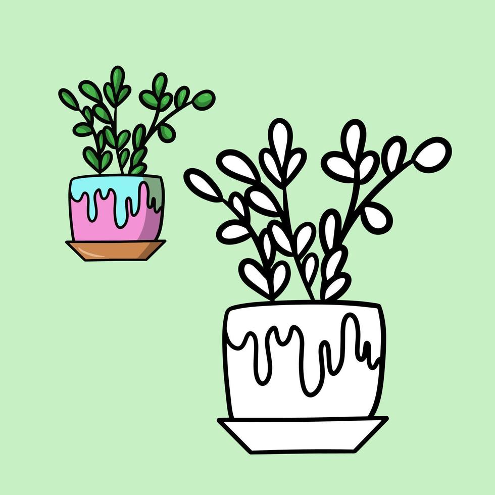 un set per un libro da colorare. pianta d'appartamento dei cartoni animati in un vaso di ceramica, fiore tropicale con foglie piccole, illustrazione vettoriale su sfondo chiaro