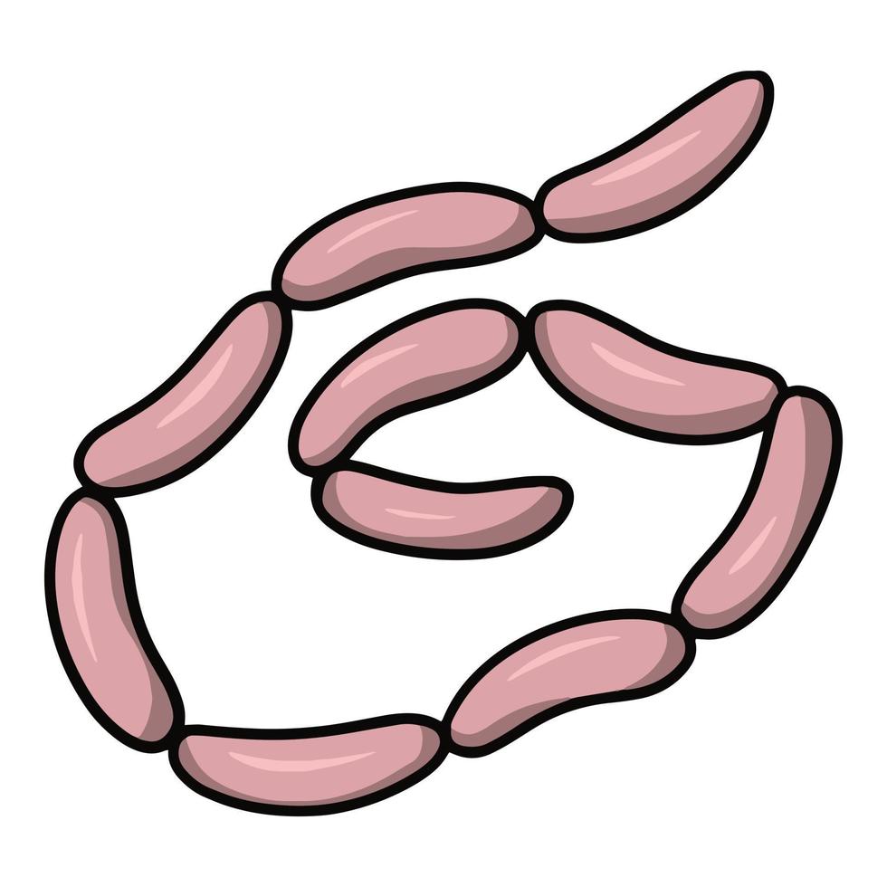 un mucchio di lunghe deliziose salsicce rosa, illustrazione vettoriale in stile cartone animato su sfondo bianco
