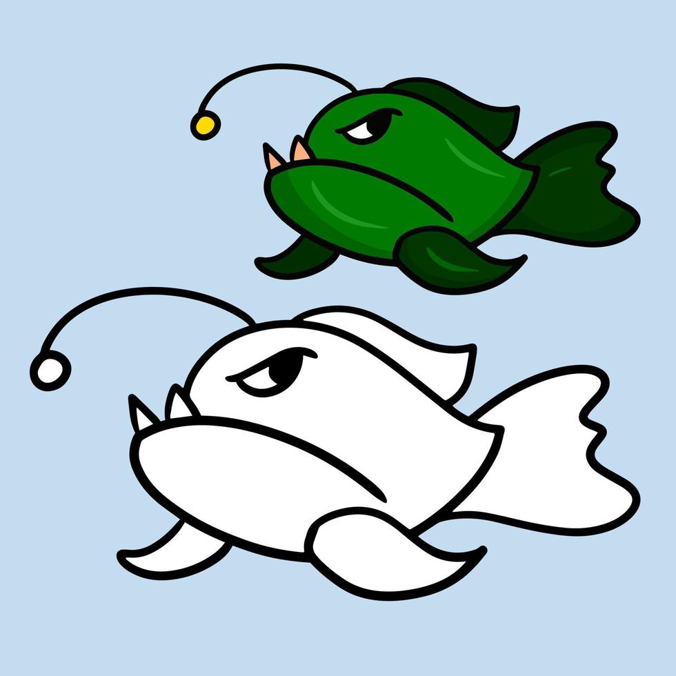 una serie di disegni a colori e schizzi, un libro da colorare. pesce verde predatore di acque profonde con denti affilati, illustrazione di cartoni animati vettoriali su sfondo chiaro