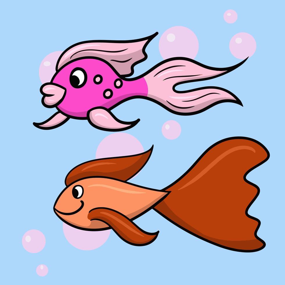 set di simpatici pesci d'acquario rossi e rosa con una grande coda, illustrazione vettoriale cartone animato su sfondo blu