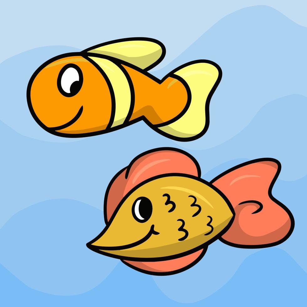 il pesce arancione tropicale luminoso nuota, illustrazione del fumetto di vettore su un fondo azzurro con le onde