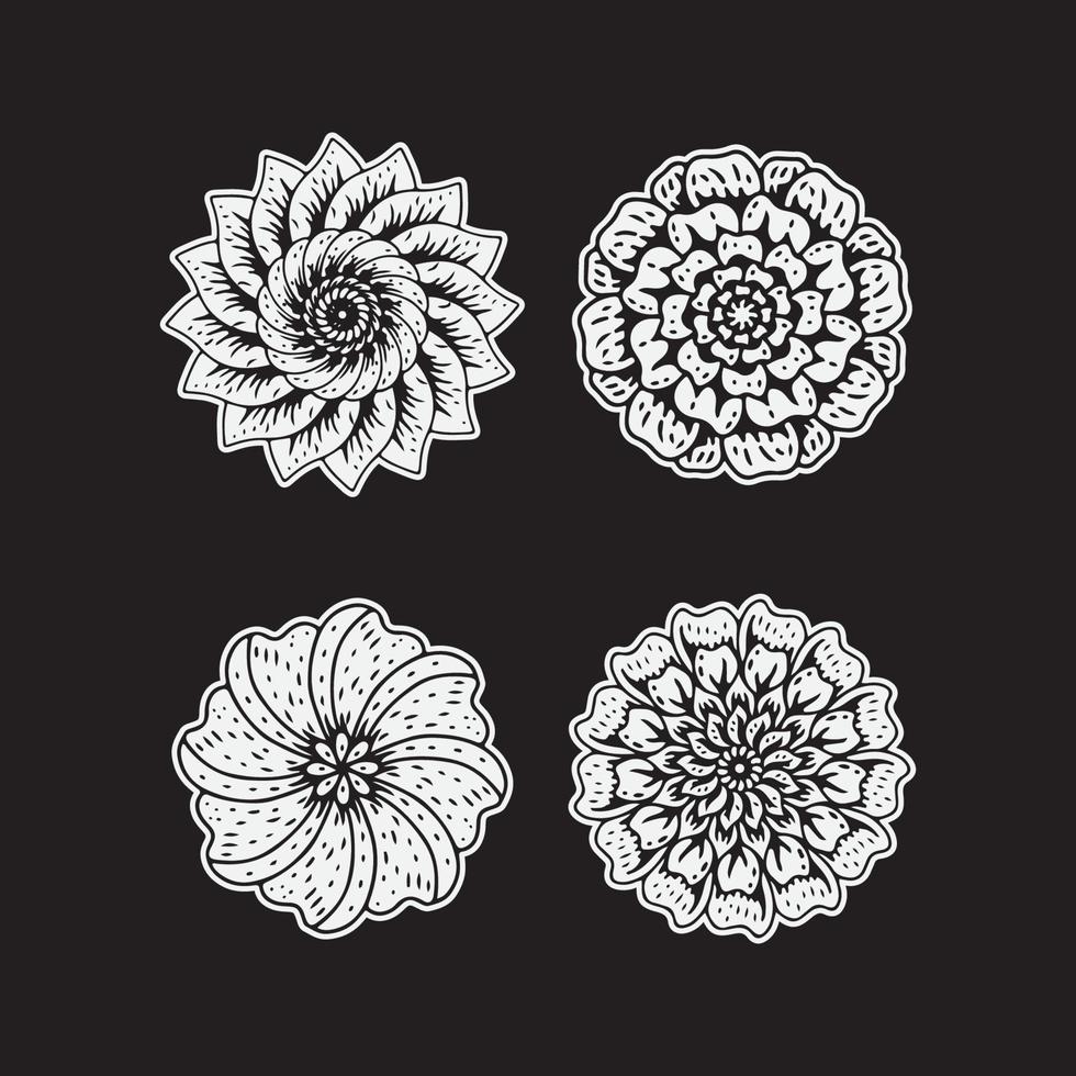 doodle di fiori disegnati a mano. set di ornamenti di fiori di mandala. vettore