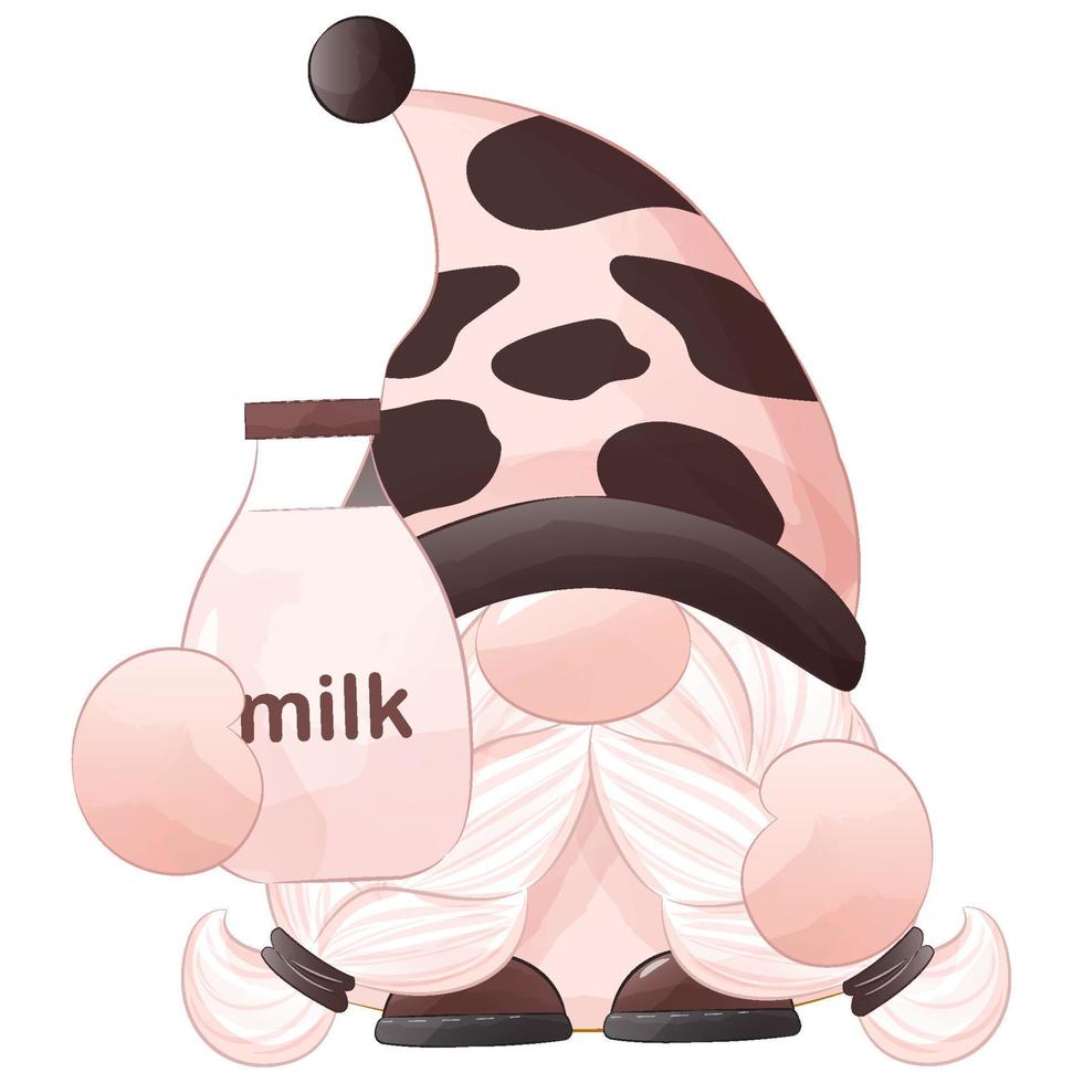 illustrazione carina di gnomo di mucca e latte vettore