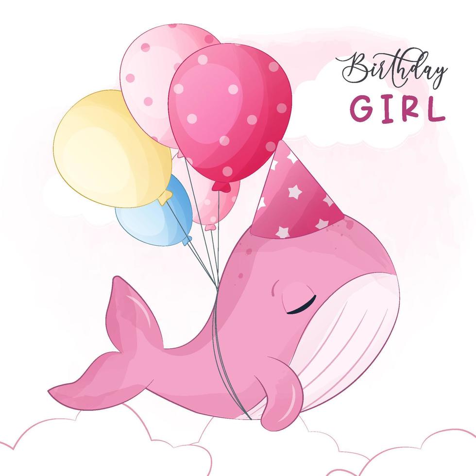 ragazza di compleanno, illustrazione di piccola balena carina vettore