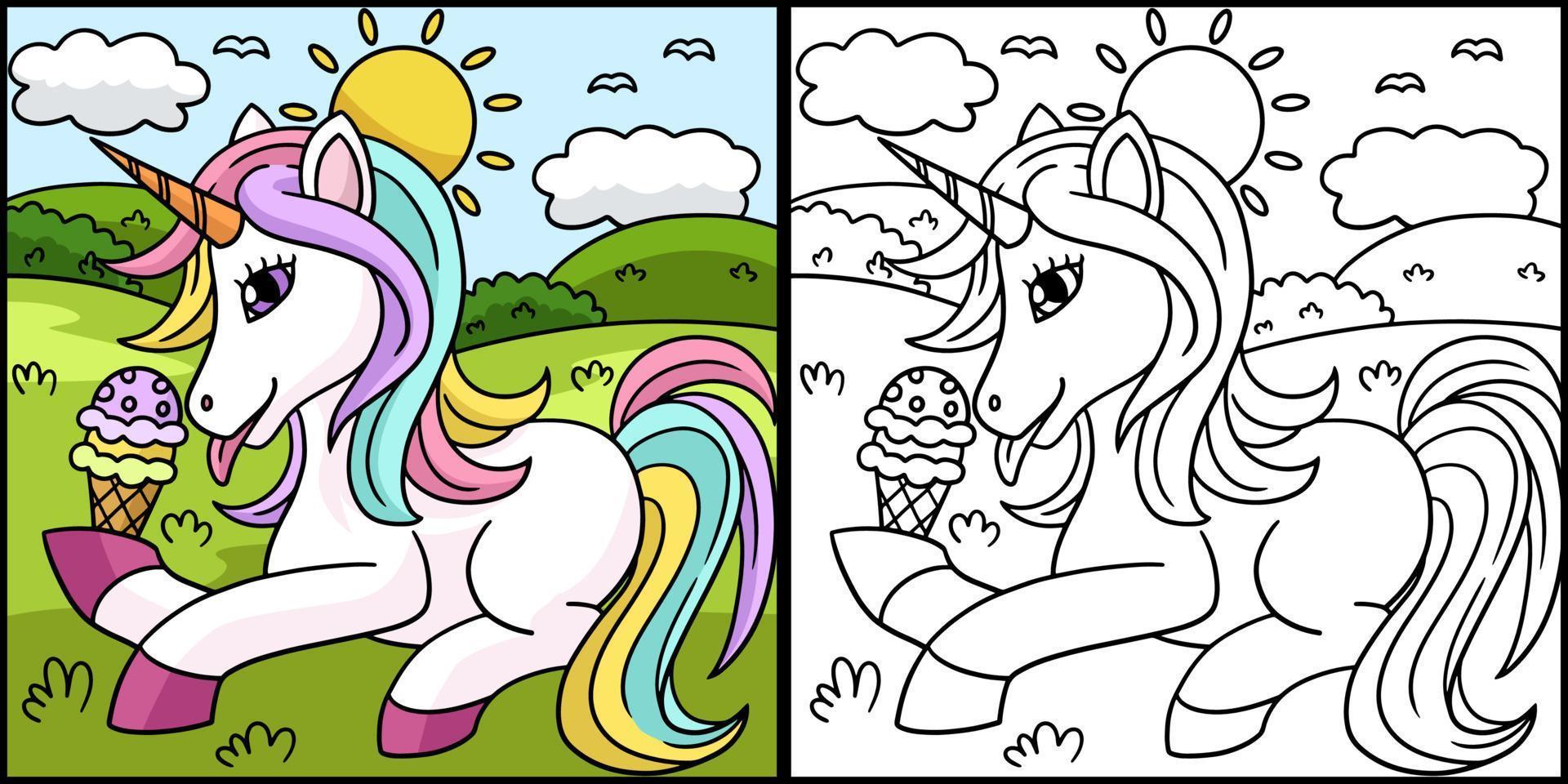 unicorno che mangia gelato illustrazione da colorare vettore