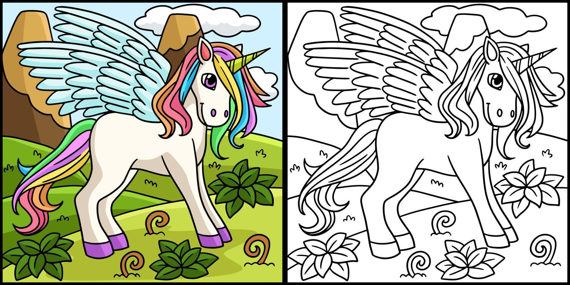 illustrazione di pagina da colorare unicorno in piedi vettore