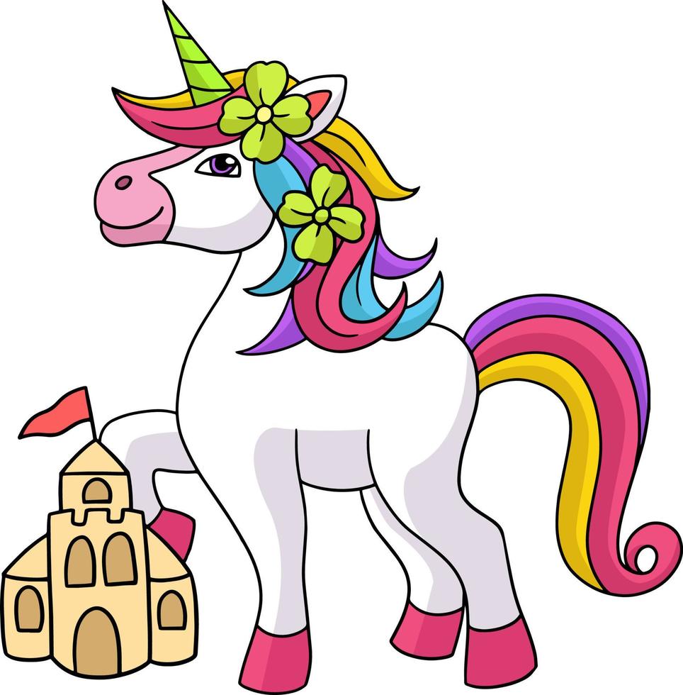 unicorno sulla spiaggia cartone animato colorato clipart vettore