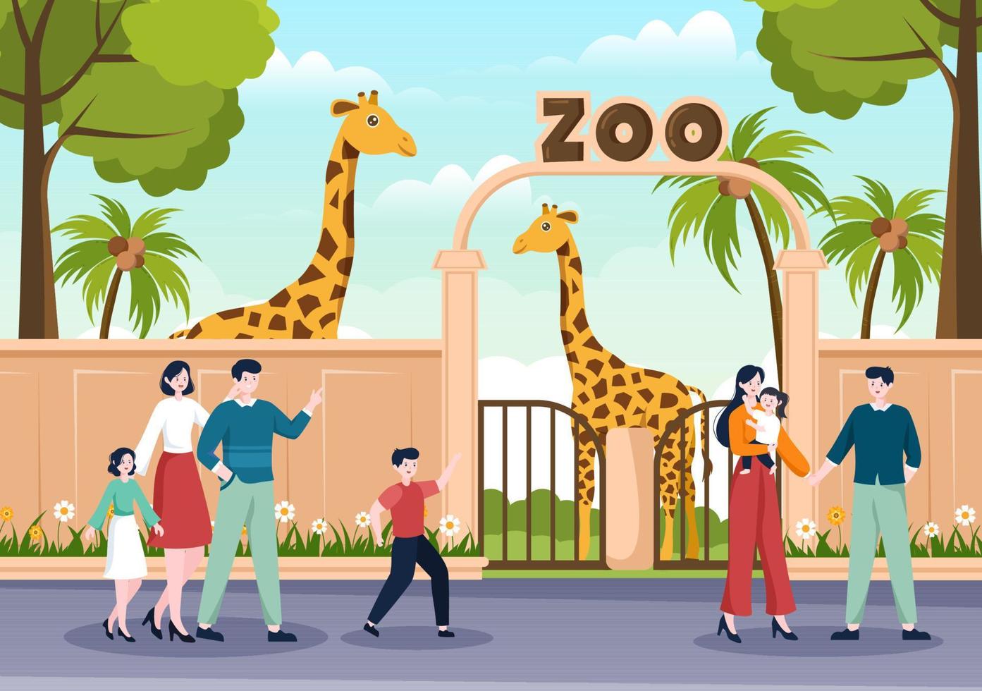 illustrazione del fumetto dello zoo con animali da safari giraffa, gabbia e visitatori sul territorio su sfondo forestale vettore