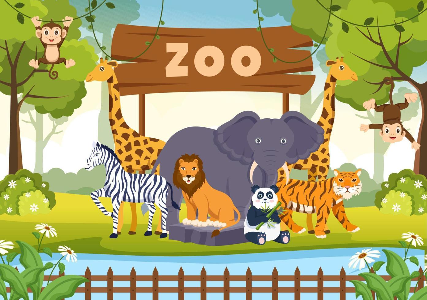 illustrazione del fumetto dello zoo con animali da safari elefanti, giraffe, leoni, scimmie, panda, zebre e visitatori sul territorio sullo sfondo della foresta vettore