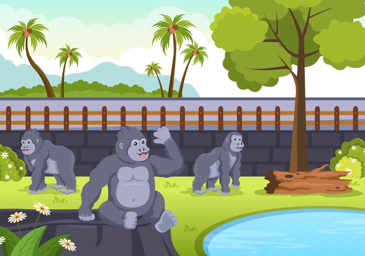 illustrazione del fumetto dello zoo con animali da safari gorilla, gabbia e visitatori sul territorio su sfondo forestale vettore