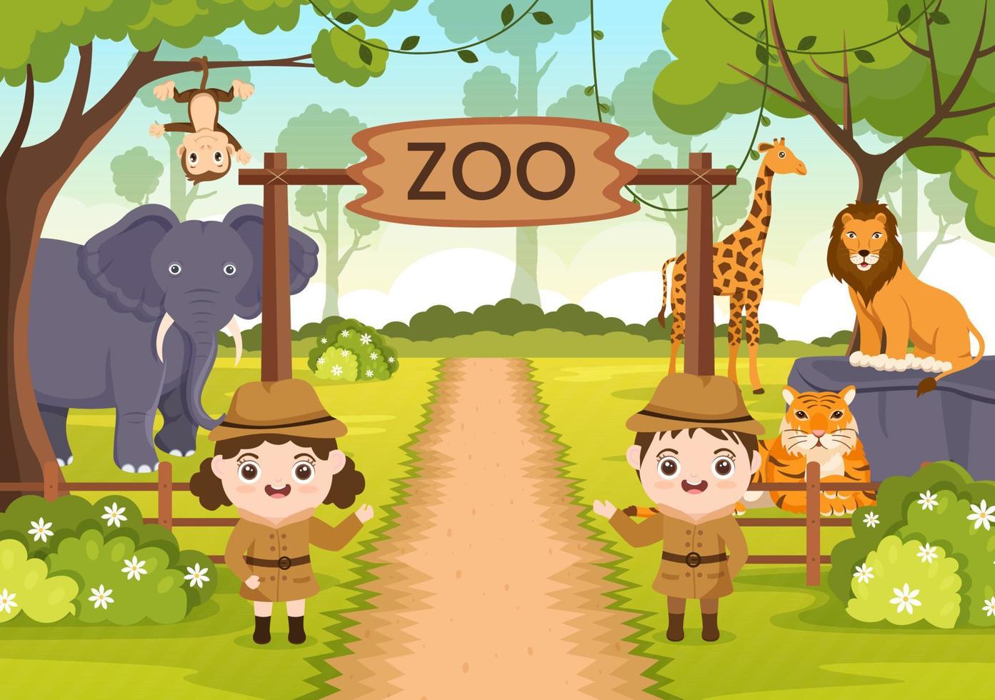 illustrazione del fumetto dello zoo con animali da safari elefanti, giraffe, leoni, scimmie, panda, zebre e visitatori sul territorio sullo sfondo della foresta vettore