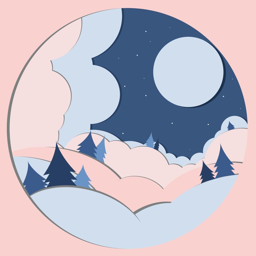 luna di luce blu nel cielo mentre la neve cade sulle colline e sugli alberi vettore