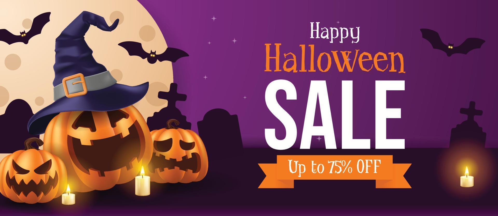 felice banner di vendita di halloween. illustrazione vettoriale di halloween con zucche di halloween ed elementi di halloween.