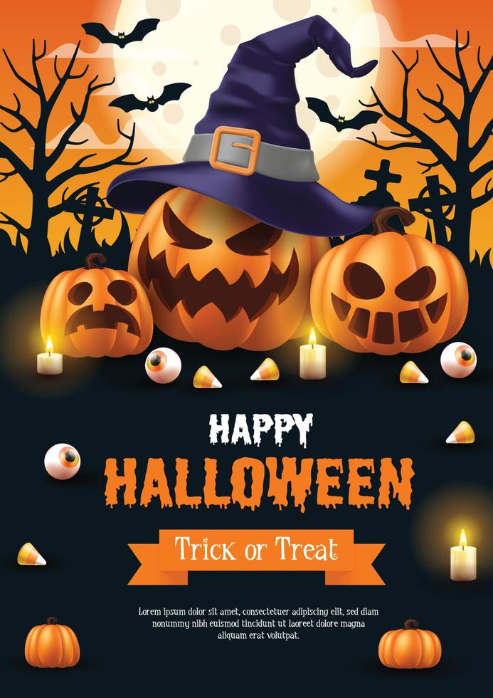 felice poster di halloween. illustrazione vettoriale di halloween con zucche di halloween ed elementi di halloween.