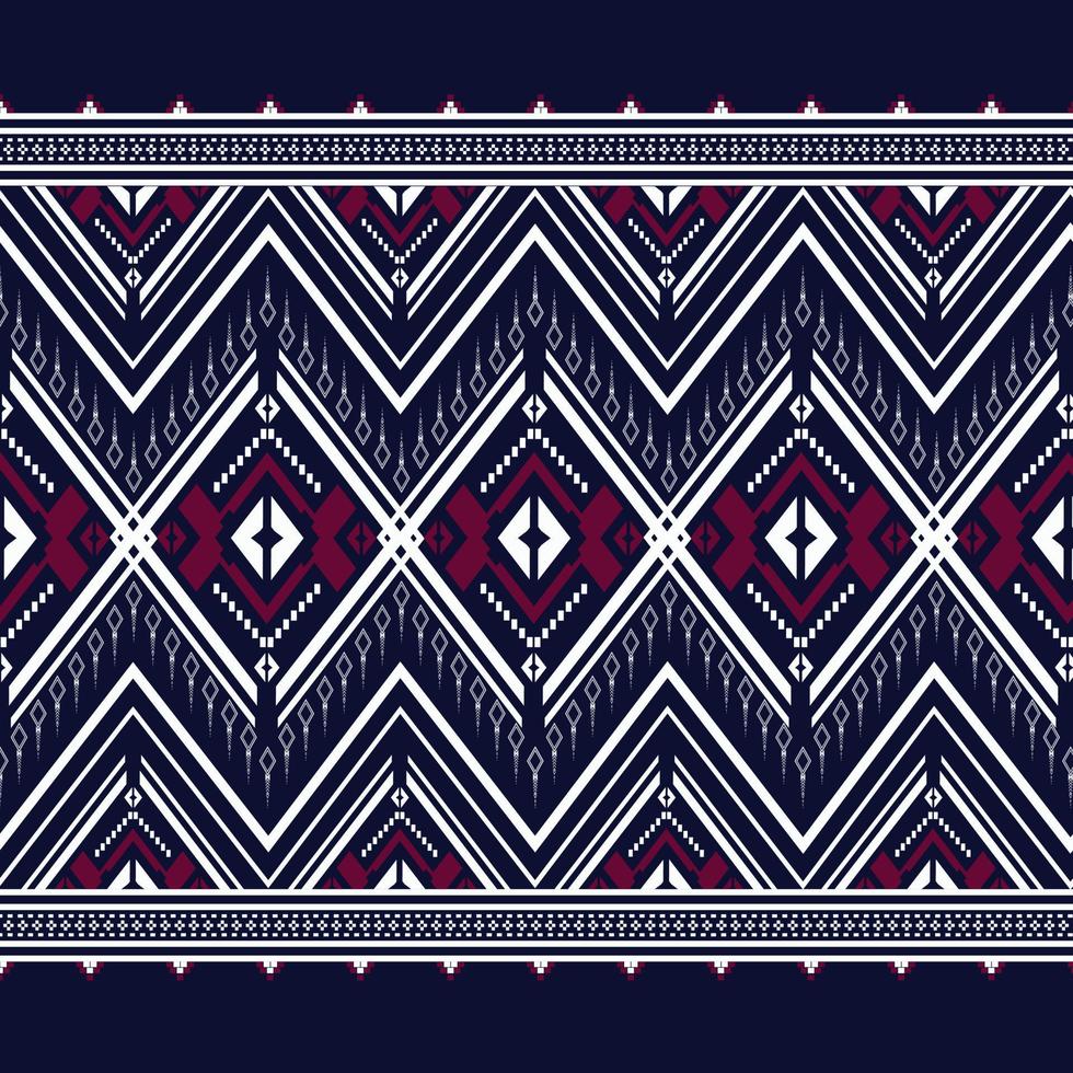 triangolo di ricamo a trama etnica geometrica su sfondo blu scuro utilizzato in carta da parati, abbigliamento, gonna, tappeto, avvolgimento, batik, tessuto, forme triangolari vettore di trama rosso e bianco, stili di illustrazione