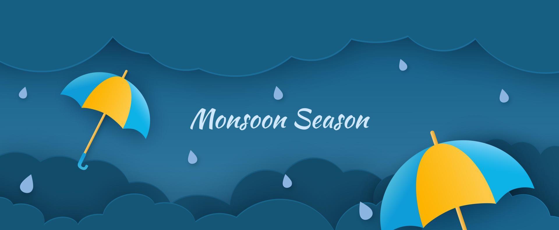 modello di poster per un fantastico design di vendita dei monsoni con ombrelli colorati impreziositi su sfondo di nuvole blu tagliate su carta. illustrazione vettoriale
