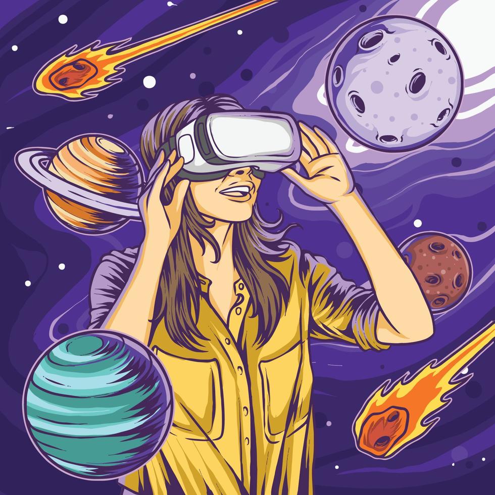 concetto di universo virtuale con donna che utilizza vr vettore