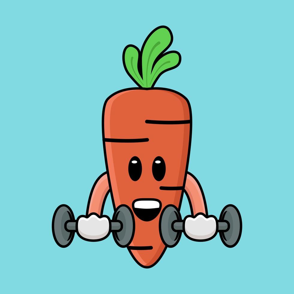 simpatica mascotte di carota che si esercita usando i manubri del vettore di illustrazione