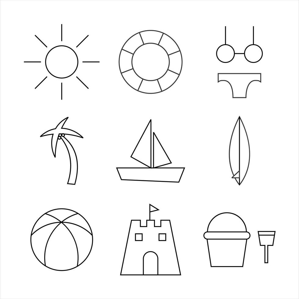 set di icone da spiaggia, set di icone vettoriali sottili